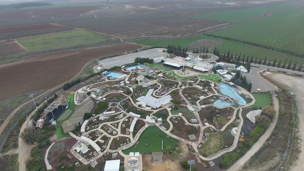 Aerial view of the Mini Israel model park near Latrun, surrounded by fields