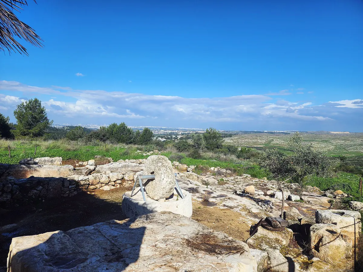 Ancient stone installations on a hillside at Neot Kedumim, looking out over the coastal plain