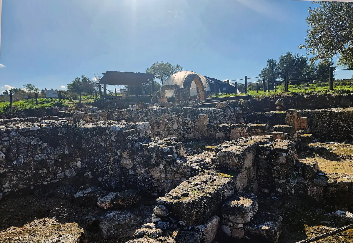 Excavated stone walls and a shaded seating area at Neot Kedumim